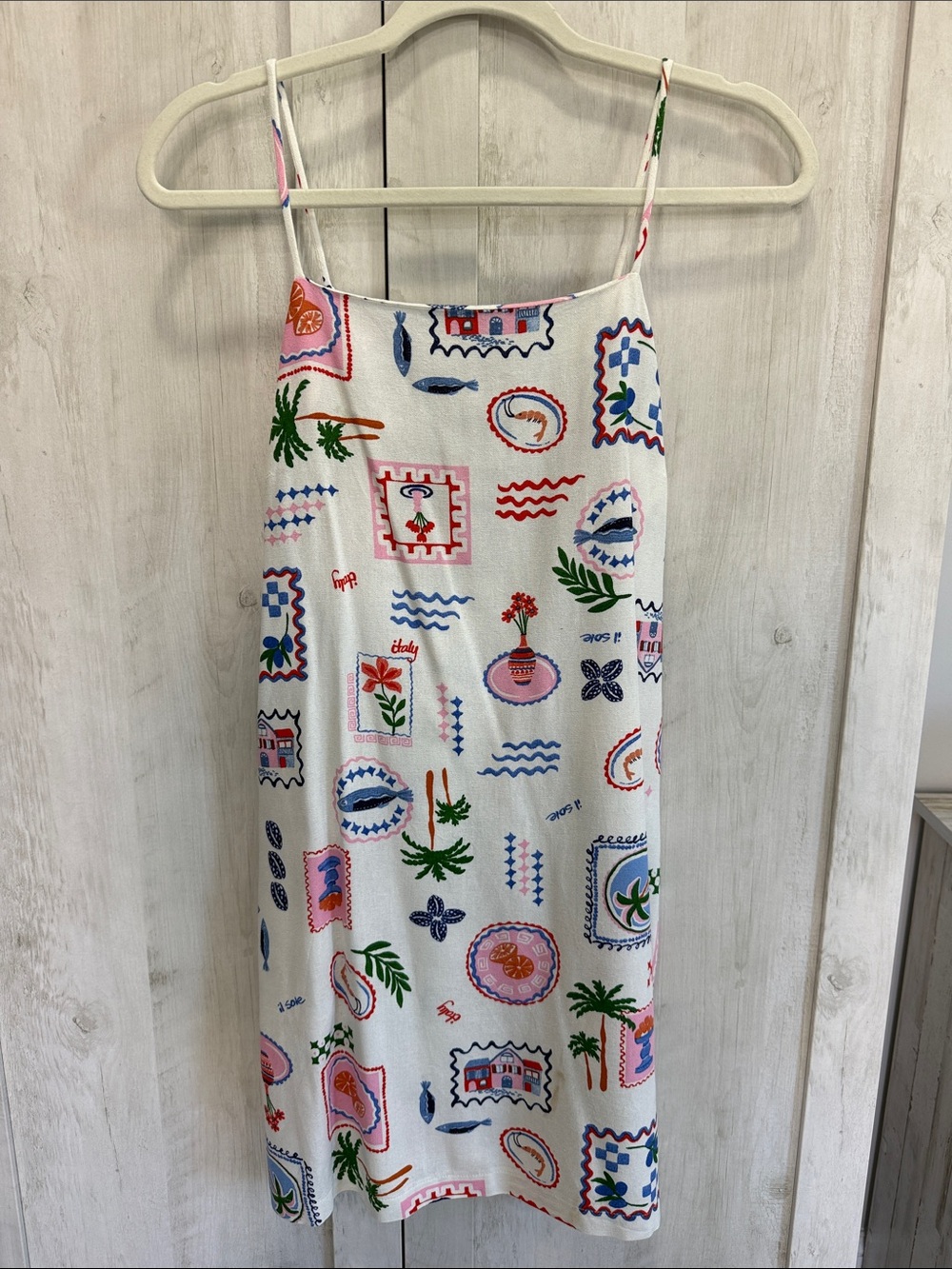 Monteau White Slip Dress with Multicolor Tropical Motif